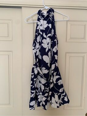 SHEIN Navy Blue Floral Halter Neck Mini Dress L Ruffle Hem Waist Tie
